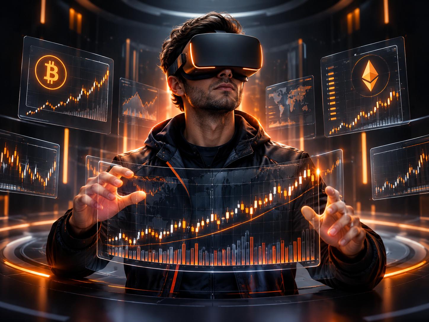 Trader wearing a vr headset surrounded by holographic crypto charts