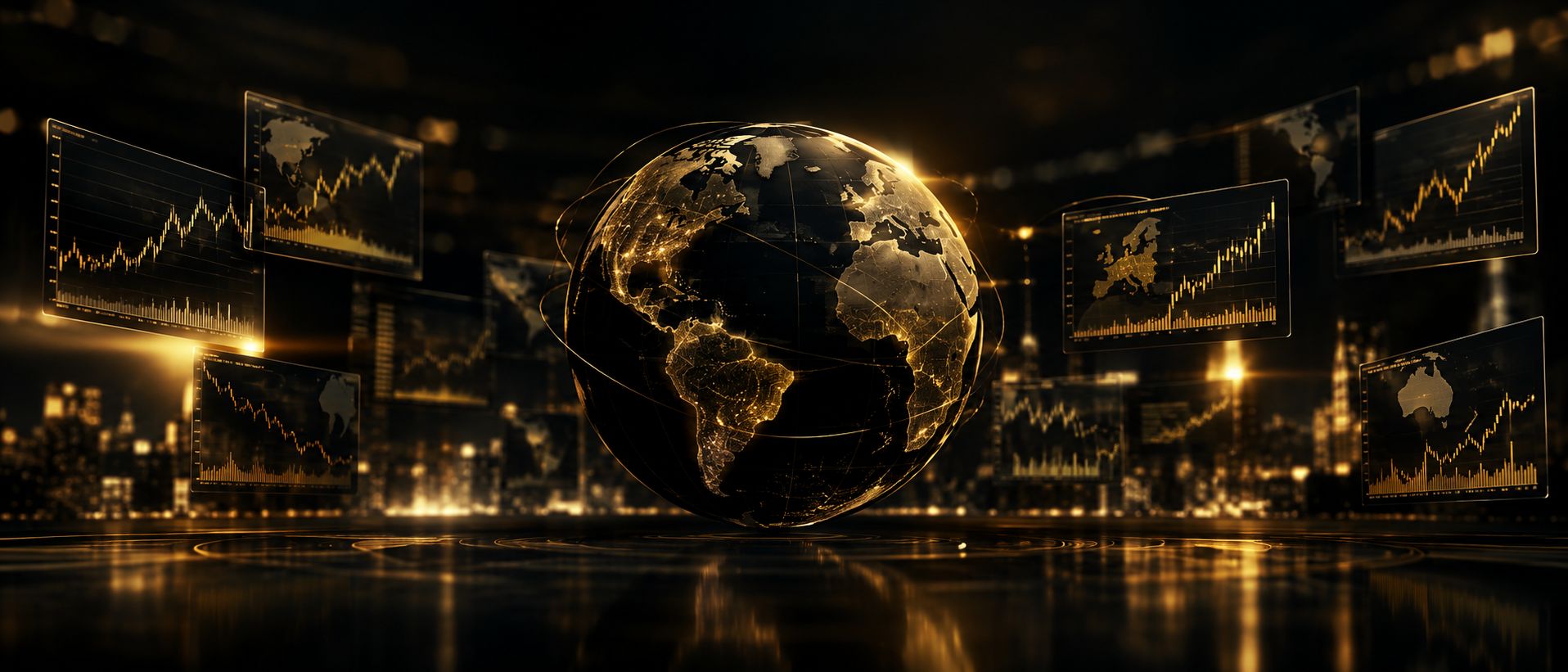 Globe surrounded by floating stock charts from different regions